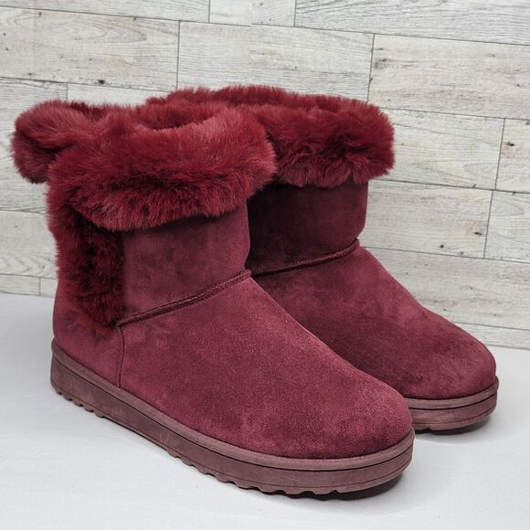 SO Pauline Boots Women Size 8 Faux Fur Suede Pull On Mid Calf Booties Burgundy - Picture 1 of 11